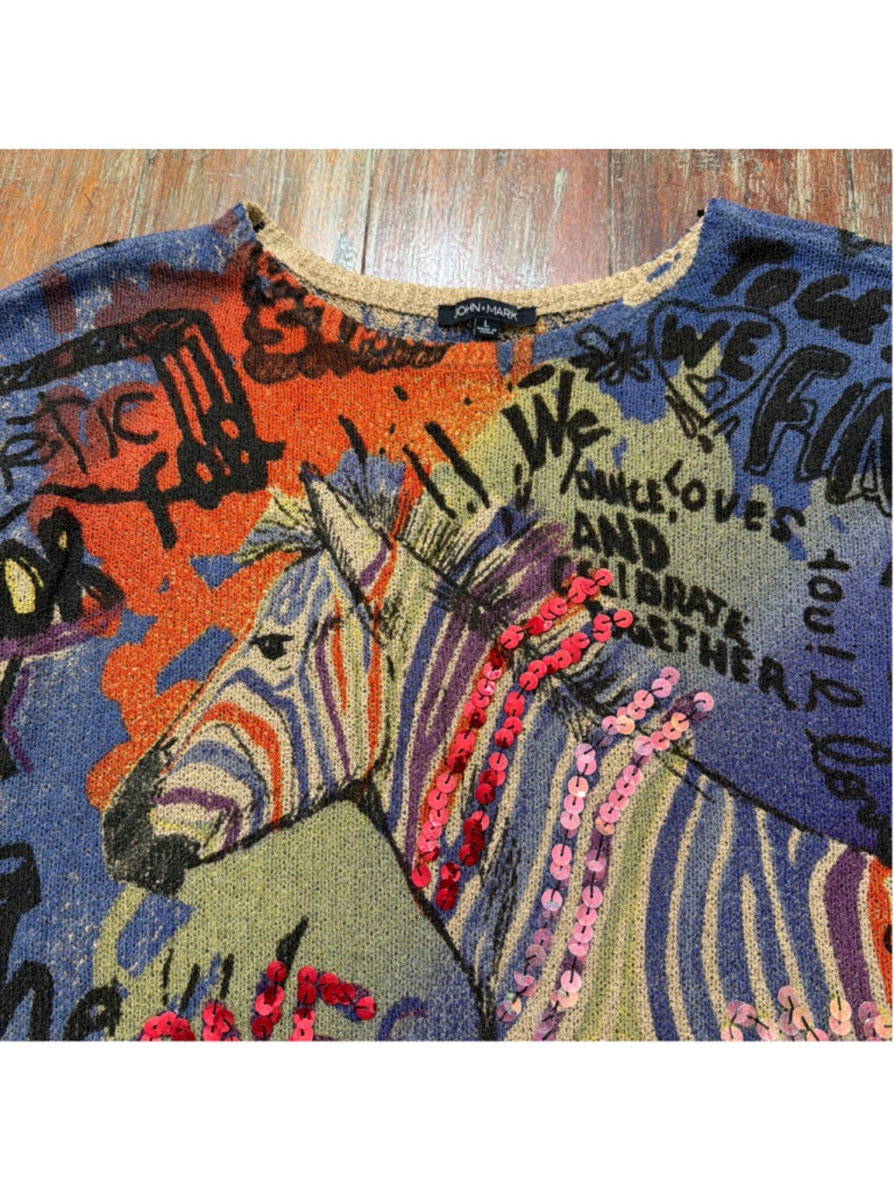 John Mark L Zebra Graffiti Graphic Knit Sweater Tunic Sequins Textured Artsy - Picture 2 of 11